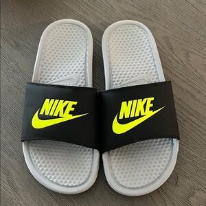 Nike Gray Slides with Neon Yellow Logo